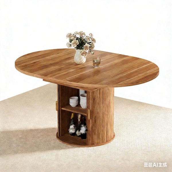 Walnut Wood 59 in. Pedestal Base Dining Table Seats 6 Extendable Round Dining Table with Storage