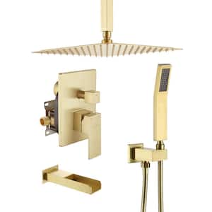 Ceiling Mount Single-Handle 1-Spray Tub and Shower Faucet with Hand Shower in Brushed Gold - 12 Inch (Valve Included)