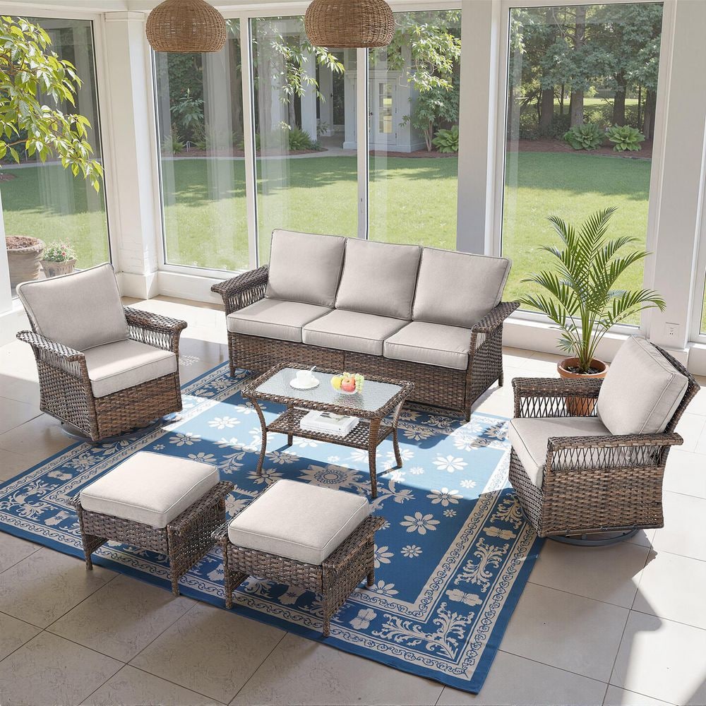 GliderNet Brown 6-Piece Wicker Patio Conversation Deep Seating Set with 3.5 in. Thick Beige Cushions and Ottomans price history on PriceWatchPro