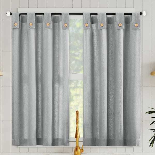 Sun Zero Boulder Button Tab Kitchen Tiers Gray Cotton Blend 54 in. W x 36 in. L Tab Top Light Filtering Curtain (Set of 2)
