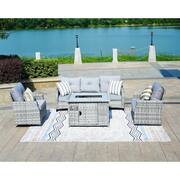 Fay 4-Piece Wicker Patio Fire Pit Set with Gray Cushions and Swivel Chairs