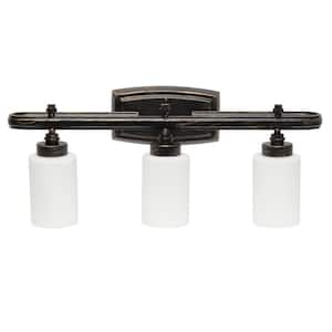 23.50 in. Oil Rubbed Bronze 3-Light Metal and Opaque White Glass Shade Vanity Wall Fixture with Rectangle Backplate
