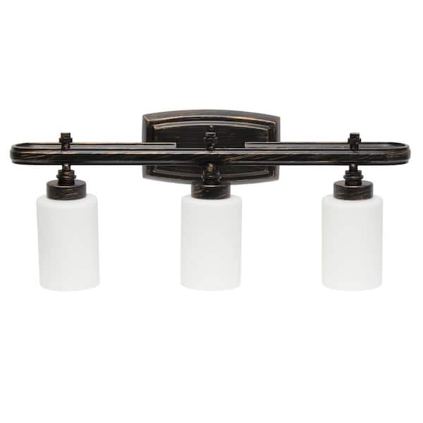 Lalia Home 23.50 in. Oil Rubbed Bronze 3-Light Metal and Opaque White Glass Shade Vanity Wall Fixture with Rectangle Backplate