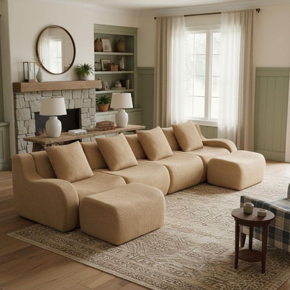 AURA 148 in. Slope Arm 5-piece Teddy Fabric U-Shaped with Anti-Slip Base Sectional Sofa in. Soft Camel