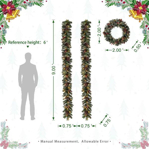 Glitzhome 24 in. D Pre-Lit Snow Flocked Greenery Pine Poinsettia Artificial  Christmas Wreath, with 50 White Lights with Timer 2016000016 - The Home  Depot