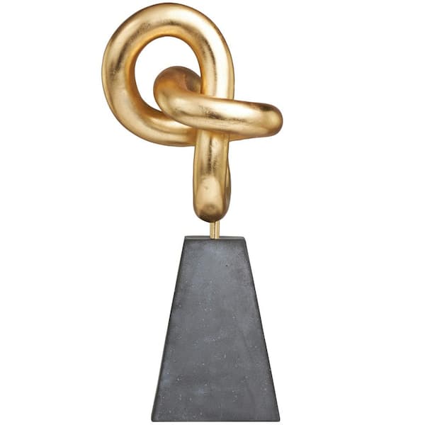 Litton Lane Gold Polystone Abstract Sculpture with Gray Pyramid Base