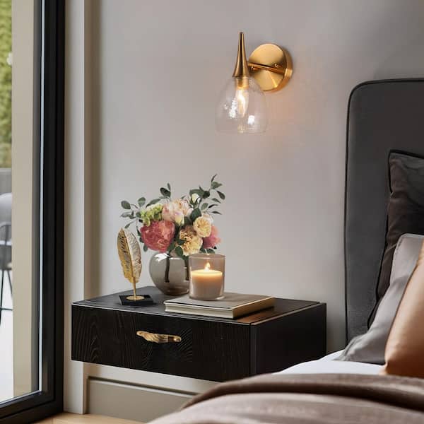 Brass 1-Light Wall Sconce Modern Dome Hammered Glass Shade Powder Room Bathroom Vintage Vanity Light