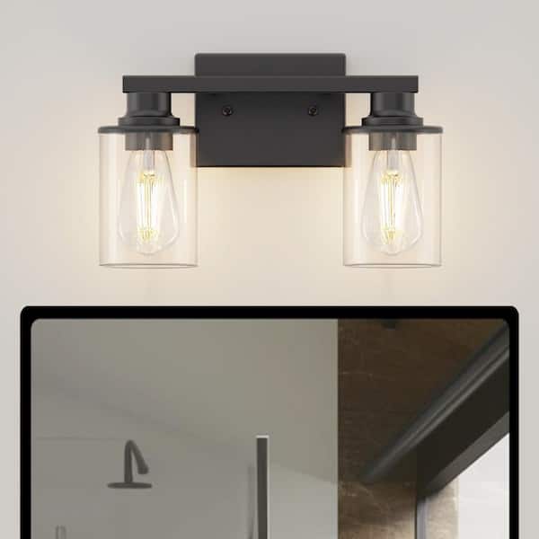 14 in. 2-Light Matte Black Cylinder Glass Shade Vanity Light for Bathroom with Dimmable No Bulbs Included