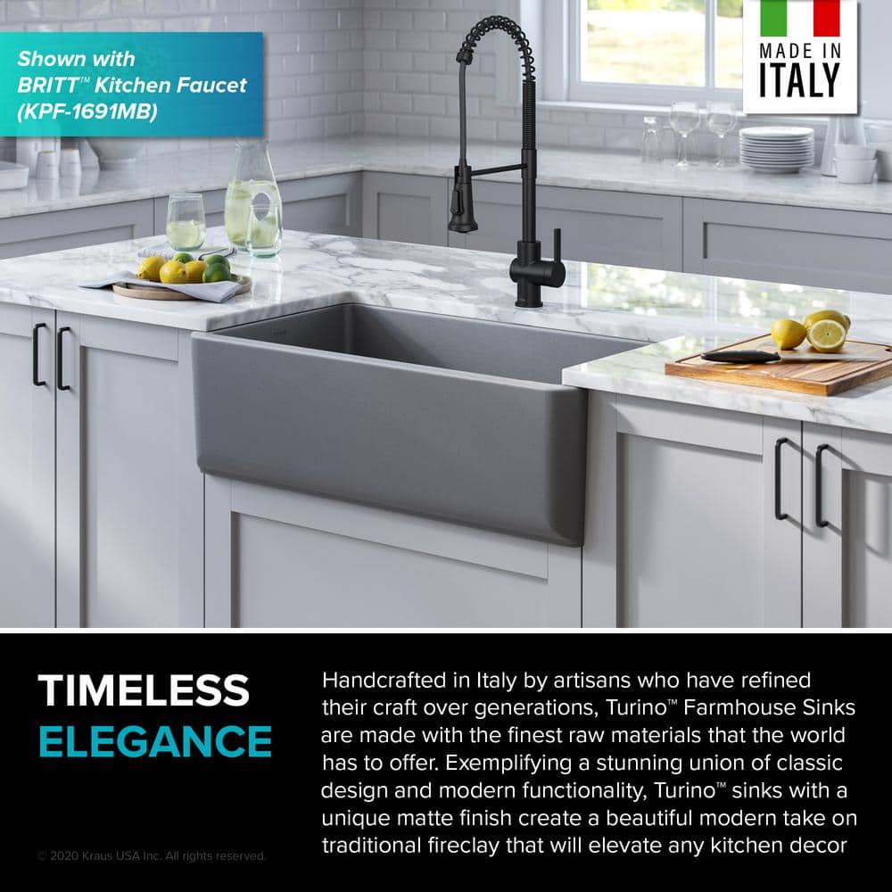 Matte Gray 33" Fireclay Farmhouse Single Bowl Kitchen Sink
