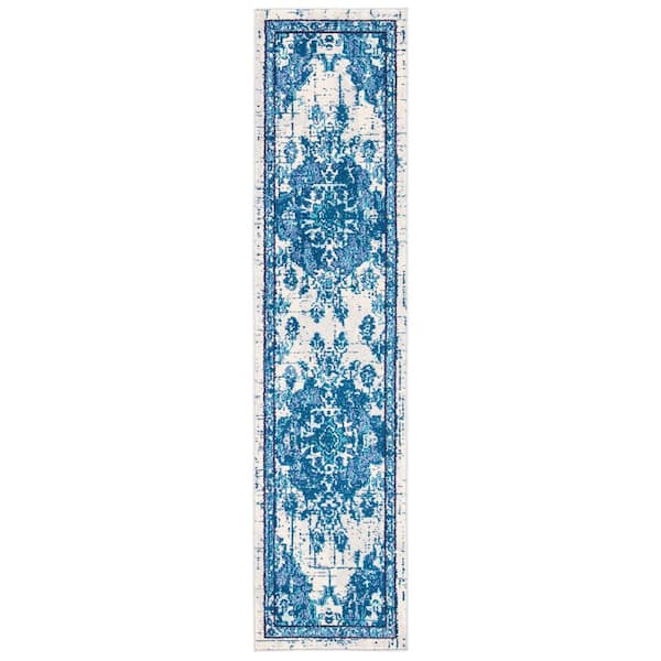 SAFAVIEH Madison Ivory/Blue 2 ft. x 8 ft. Border Floral Oriental Runner Rug