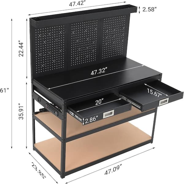3-Tier Workbench Tool Storage with Pegboard, Drawer & Power Outlets, 47" Portable Metal Wood Work Table for Workshop