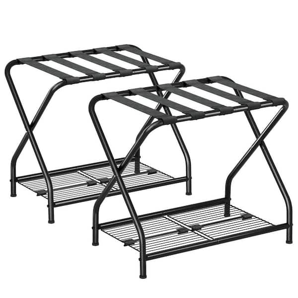2-Pack Black Luggage Rack, Suitcase Stand with Storage Shelf, Foldable Metal Luggage Holder for Guest Room and Hotel