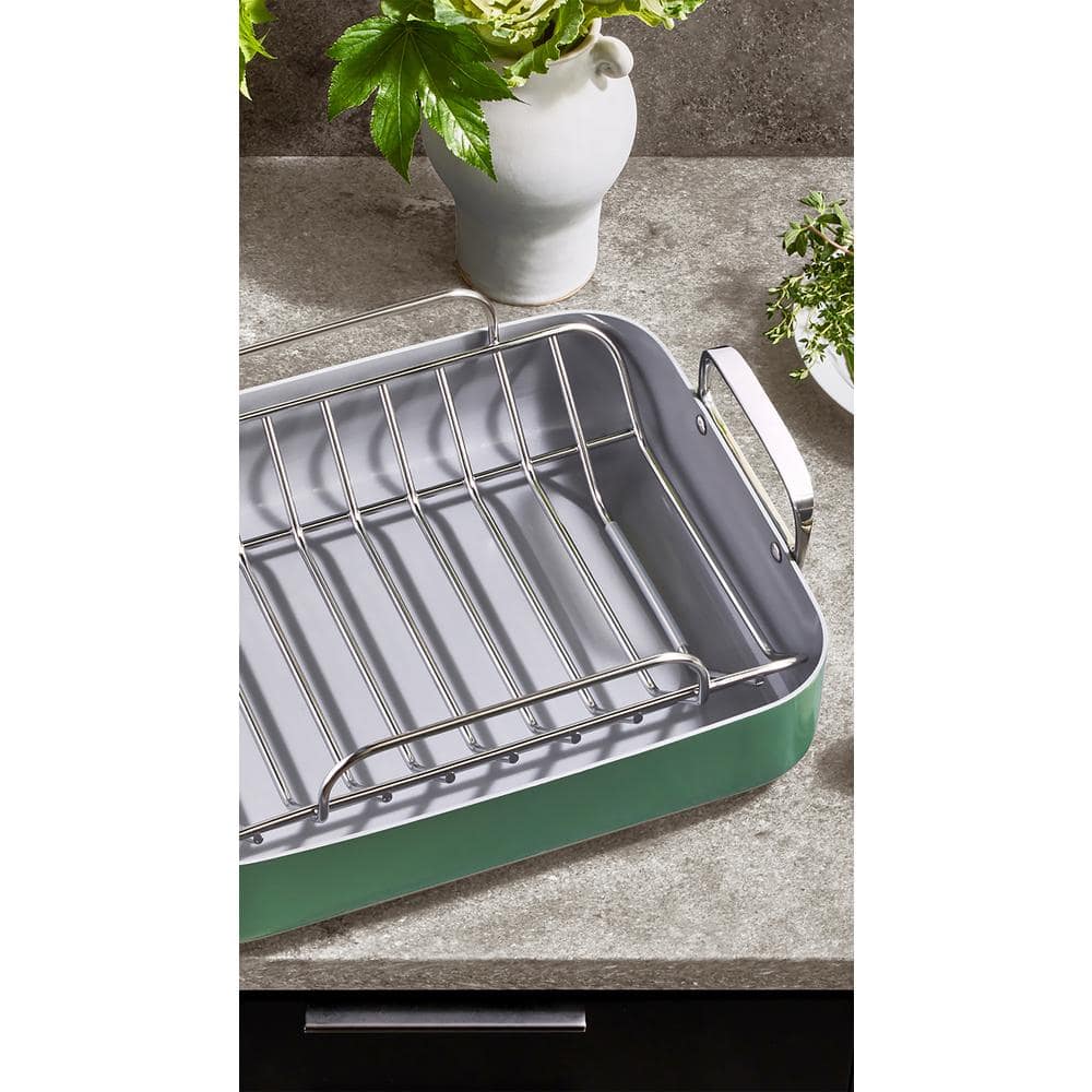 Sage Green Nonstick Square Roasting Pan with Rack and Handles