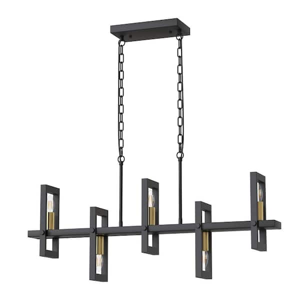 YANSUN 5-Light Black Linear Island Pendant Hanging Light Modern Farmhouse Chandelier Light for Kitchen Dining Room Restaurant