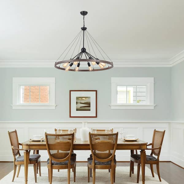 ZJVAIVE 8-Light Black and Wood Grain Circle Wagon Wheel Chandelier
