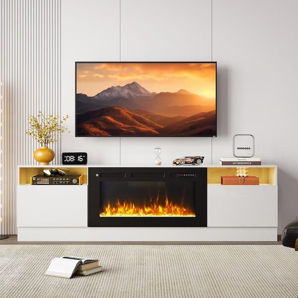 80 in. Freestanding Electric Fireplace TV Stand Fits TV's Up to 80 in. with Open Storage Shelves in White