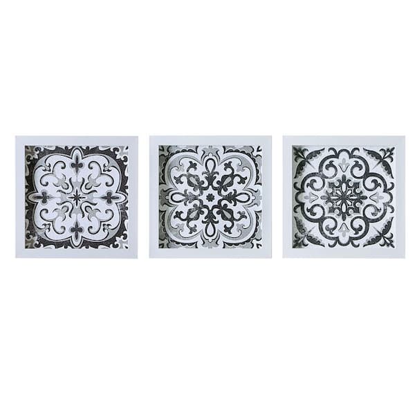Unbranded Distressed Black and White Medallion Tile 3-Piece Framed Wall Decor Art Print Set 13.75 in. x 13.75 in. for Home Decor