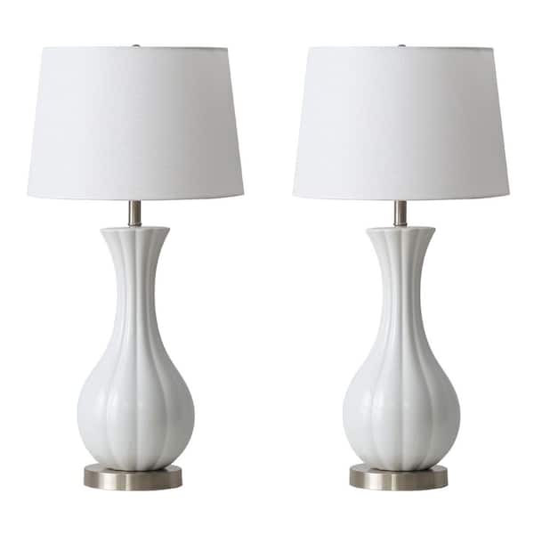 25.5 in. Modern White Ceramic Table Lamp for Living Room and Bedroom with Natural Linen Shade