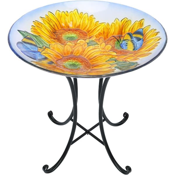 Yellow Glass Birdbath with Metal Stand