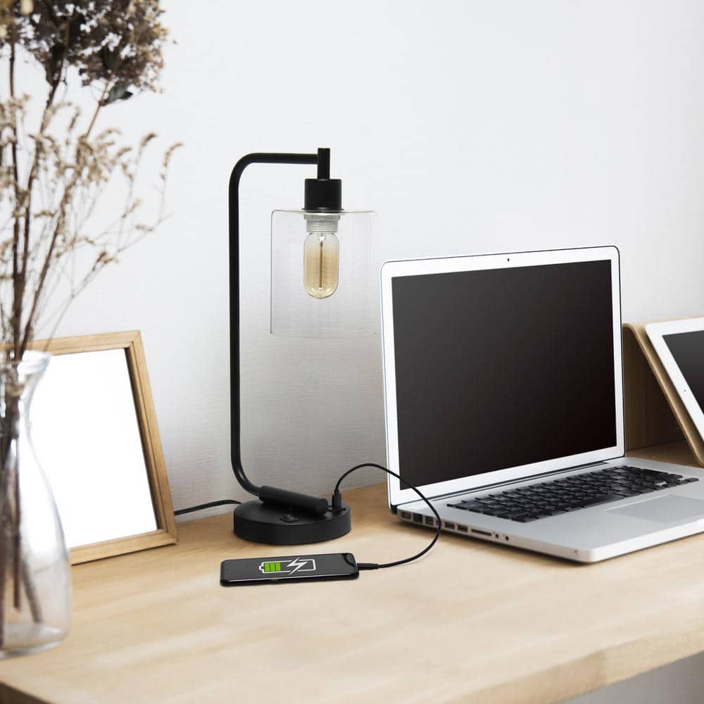 Arcadian Black Iron Desk Lamp with USB Ports and Glass Shade