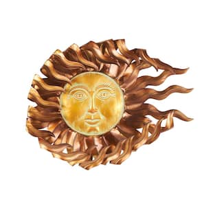 Metal Copper Sun Wall Decor with Gold Sun Face and Folded Wavy Rays