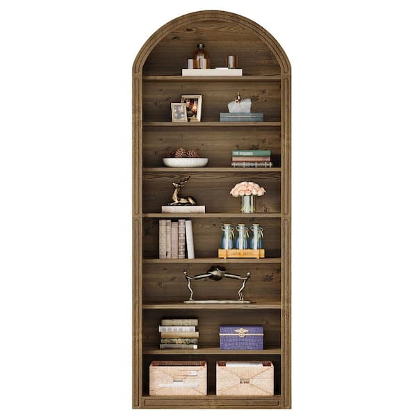 Eulas 78.74 in. Tall Brown Wood 8-Shelf Etagere Bookcase with Semi-Circular Top Design