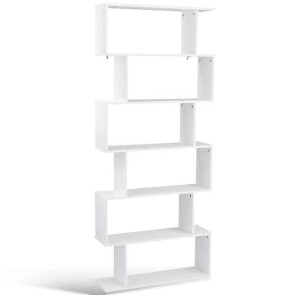6-Tier S-Shaped 75.5 in. Tall White Wood Bookcase Z-Shelf Style Storage Display Modern Bookshelf White