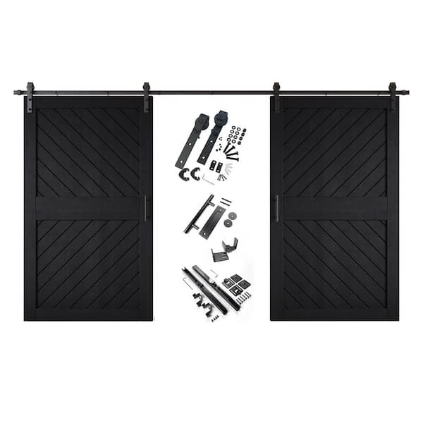HOMACER XT4 48 in. x 84 in. C-Panel Black Slanted Stripe Design Double Pine Wood Sliding Barn Door with Hardware Kit
