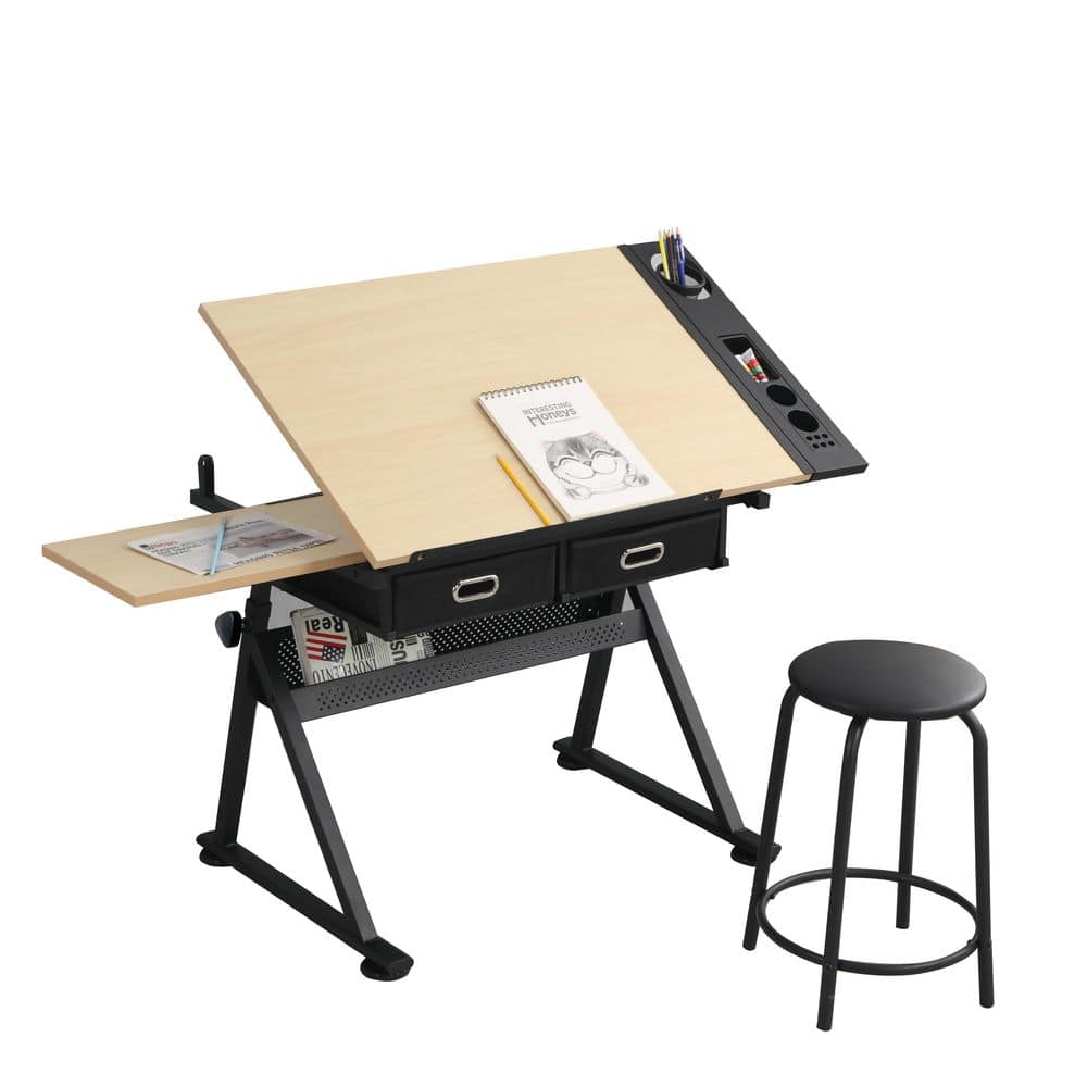 38.58 in. Rectangular Adjustable Wood Drawing Drafting Table Desk with 2 Dr