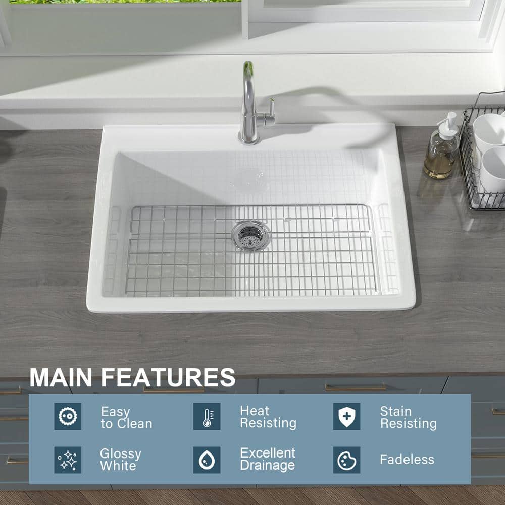 30'' Glossy White Fireclay Drop-In Single Bowl Kitchen Sink