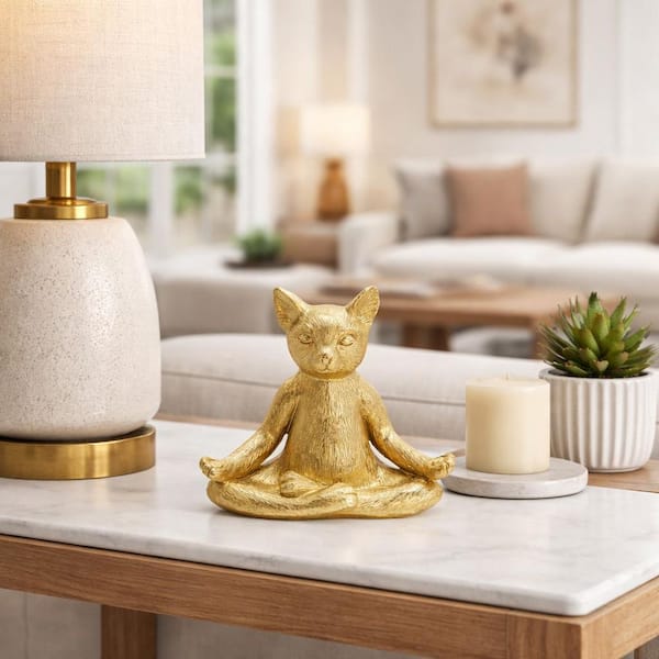 Liv & Skye Gold 8 in. x 7 in. Resin Creative Thinker Yoga Cat