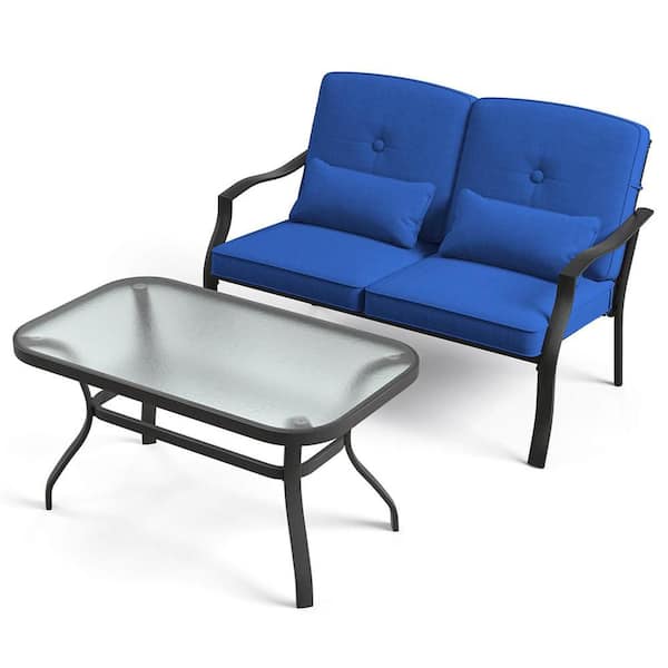 Costway Black Metal Outdoor 2-Piece Loveseat with Blue Cushions