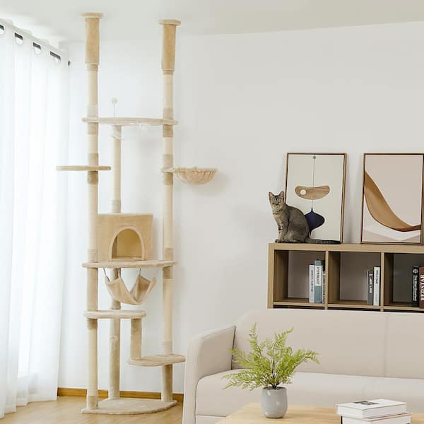 cenadinz Medium to Large Cat Floor to Ceiling Cat Tree 92.9 101.6 H Adjustable Cat Tower Tall Climbing Play House in Beige YSCHMT119BGHW The Home Depot