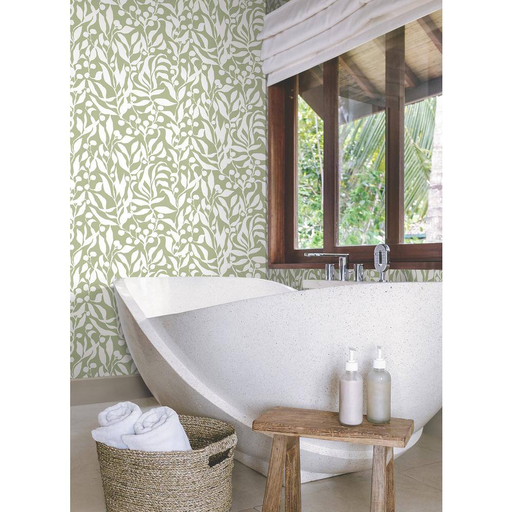 Sage Green and White Palm Leaf Non-pasted Wallpaper Roll