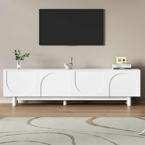 Polibi Modern White TV Stand Fits TV's Up to 78 in. with Arch Cabinets, Solid Wood Legs, Adjustable Shelves