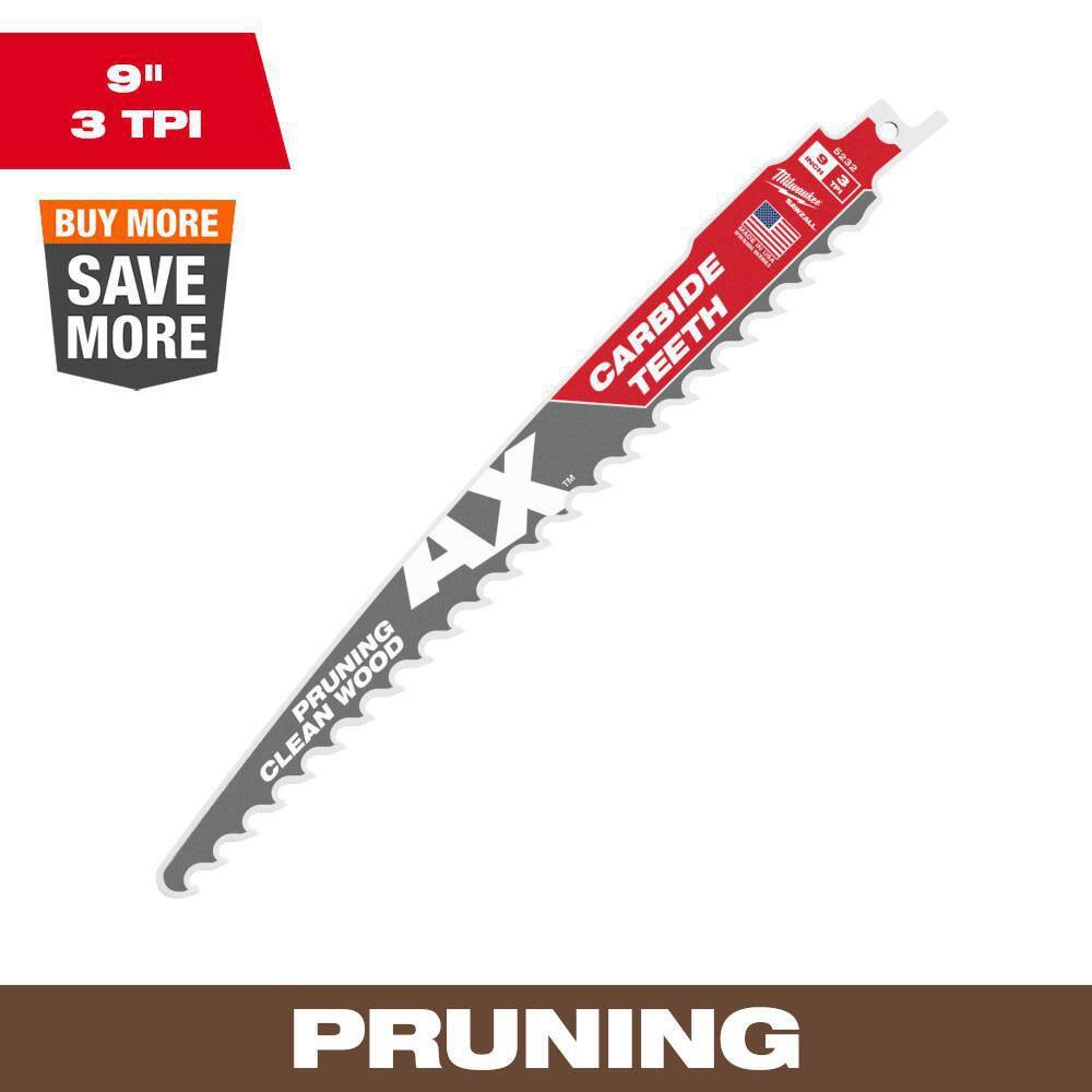 Milwaukee 9 in. 3 TPI Pruning Carbide Teeth Wood Cutting SAWZALL Reciprocating Saw Blade (1Pack