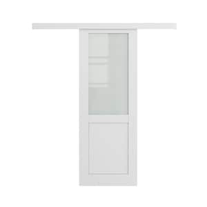 28 in. x 80 in. Hidden Track Style 1/2 Lite Frosted Glass White Primed MDF Sliding Barn Door with Hardware Kit