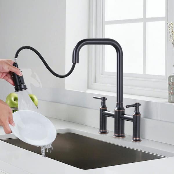 3-Holes Double Handle Brass Bridge Kitchen Faucet with 3-Modes Pull-Down Sprayer and High Arc Spout in Oil Rubbed Bronze