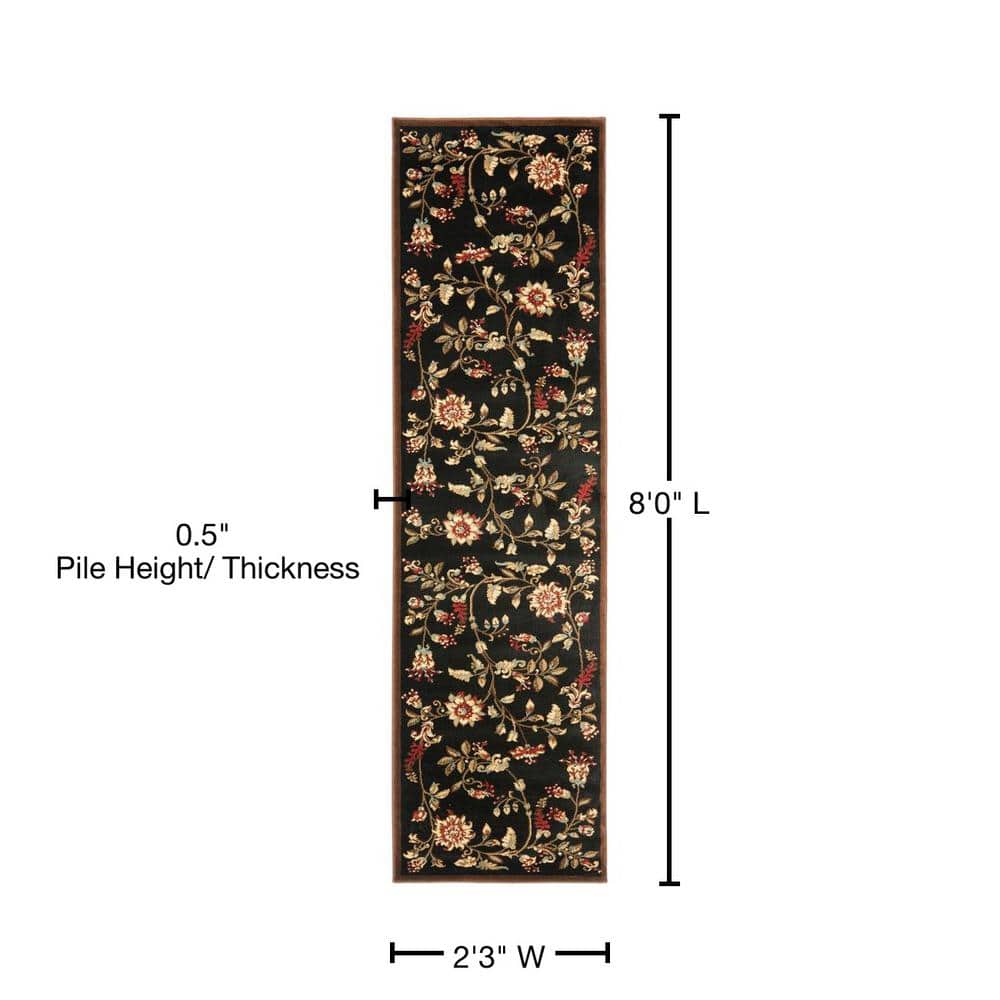 Black Floral Synthetic Runner Rug, 2'3" x 8'