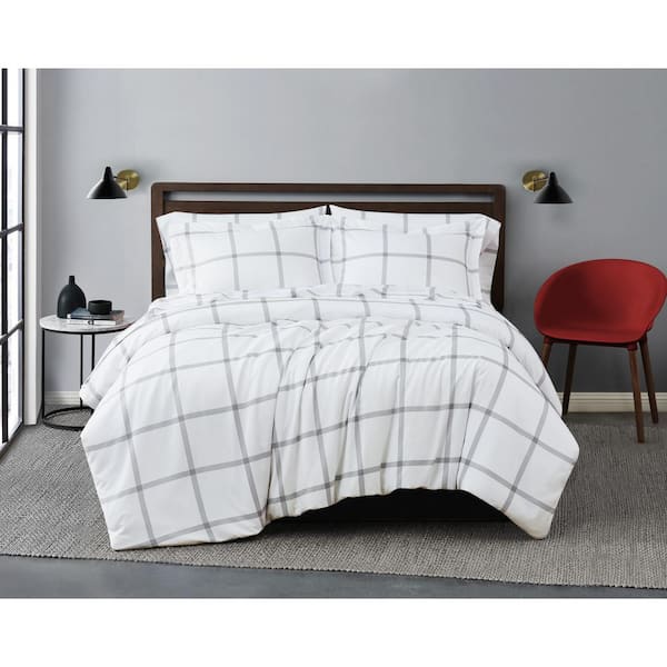 Truly Soft Printed Windowpane 3-Piece White/Grey Microfiber King Duvet Set