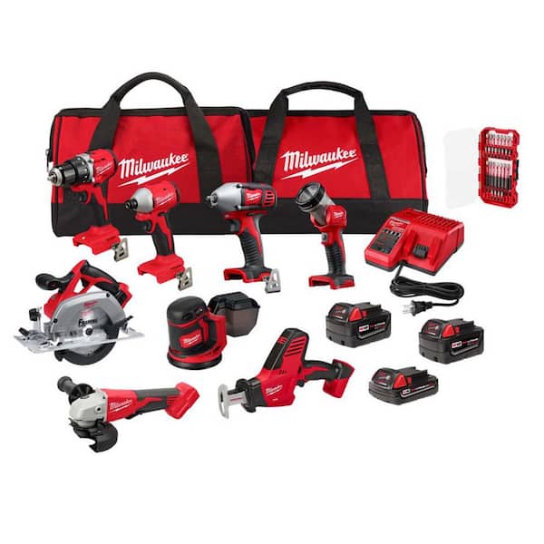 M18 18V Lithium-Ion Cordless Combo Kit (8-Tool) with (3) Batteries, Charger and Tool BagSHOCKWAVE IMPACT SET 28 Piece