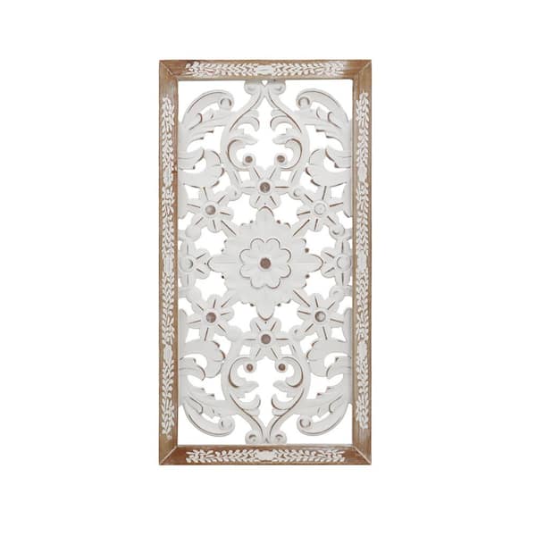 PARISLOFT 25 in. x 13.1 in. Rectangular Carved White and Brown Floral Wall Decor by Kim Framed Wooden Wall Art