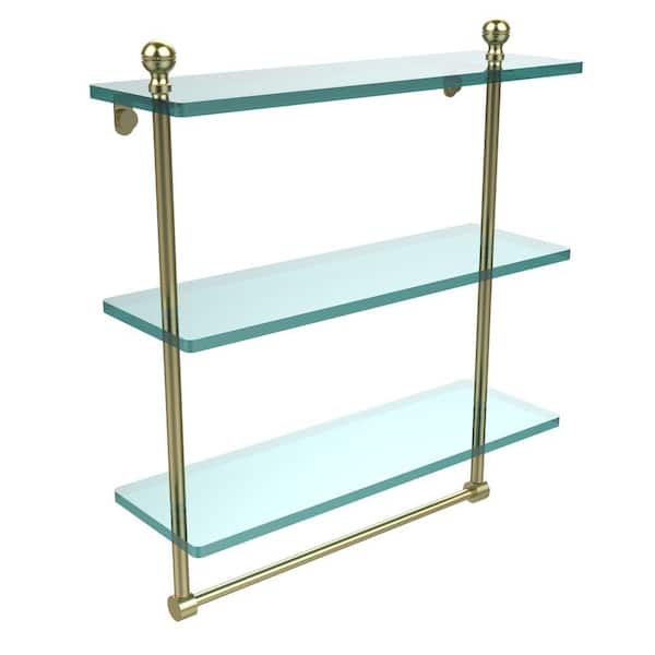 Allied Brass Mambo 16 in. L x 18 in. H x 5 in. W 3-Tier Clear Glass Bathroom Shelf with Towel Bar in Satin Brass