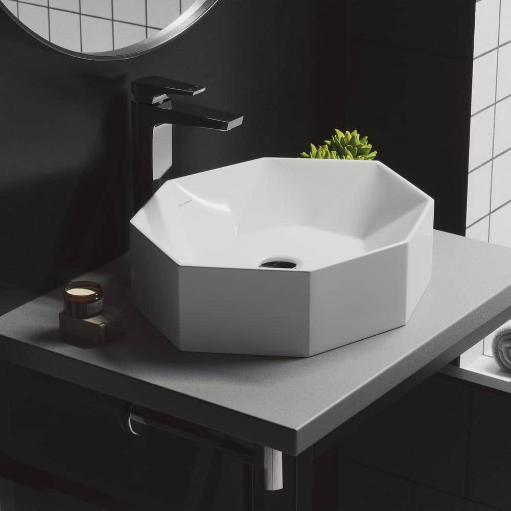 White Geometric Ceramic Above-Counter Vessel Sink