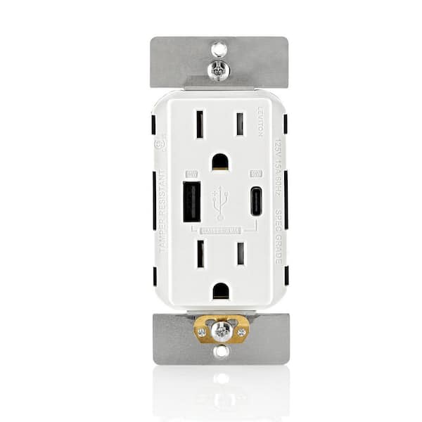 Decora 15 Amp Tamper Resistant Duplex Outlet with 60-Watt USB-A + USB-C Power Delivery Charger, White (1-Pack) AC1P6-BW