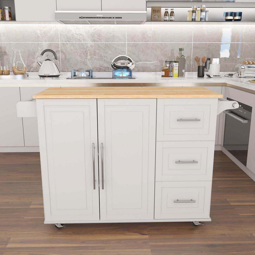 White Wooden Kitchen Island with Spice Rack, Towel Rack & Extensible Solid 