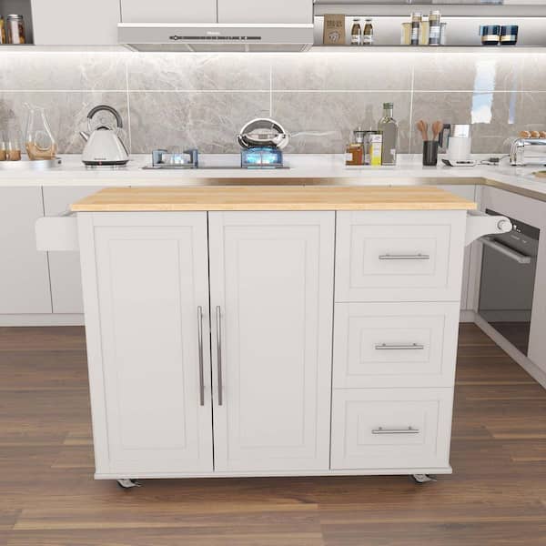 Unbranded White Wooden Kitchen Island with Spice Rack, Towel Rack & Extensible Solid Wood Table