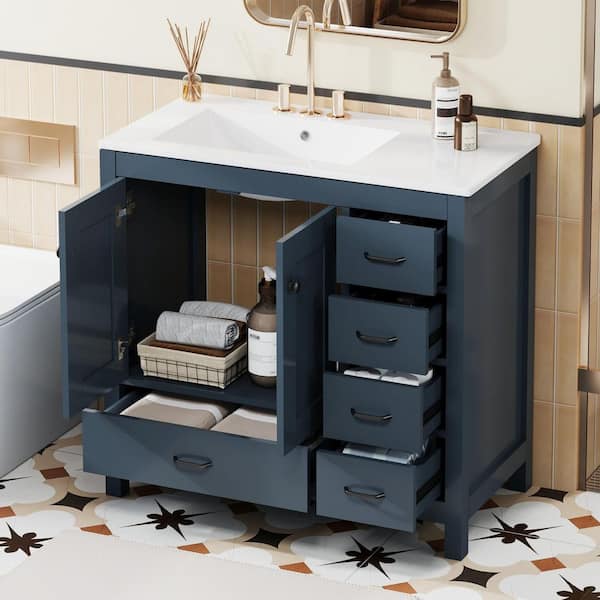 36 in. Freestanding Blue Bath Vanity with White Ceramic Top and 5 Drawers and Door Bathroom Storage Cabinet Unassembled