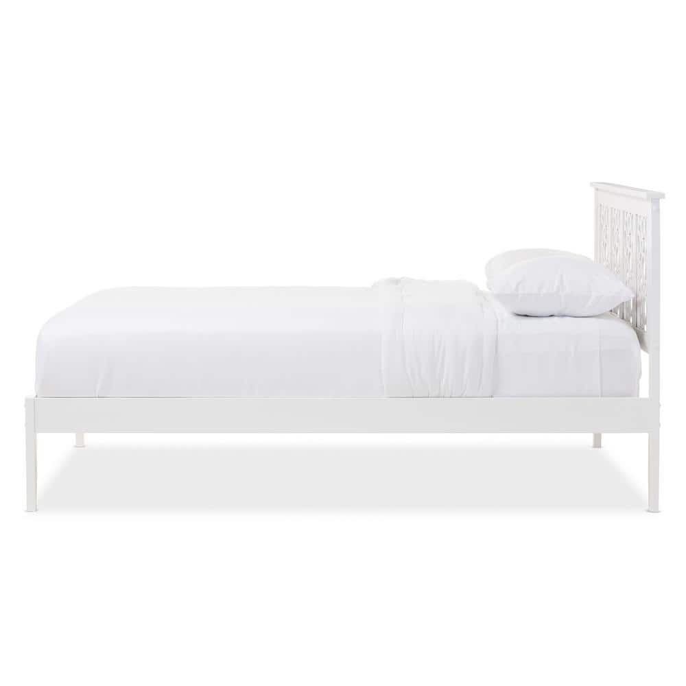 Celine Geometric White Solid Rubberwood Queen Platform Bed with Airy Headboard