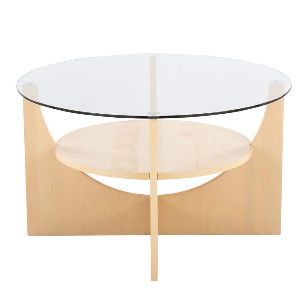 Natural Wood and Clear Glass Round Coffee Table with Floating Shelf